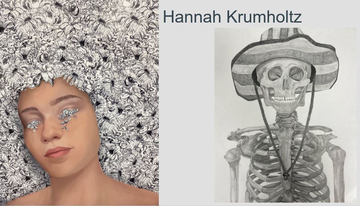 girls head with flowers and a skeleton wearing a hat